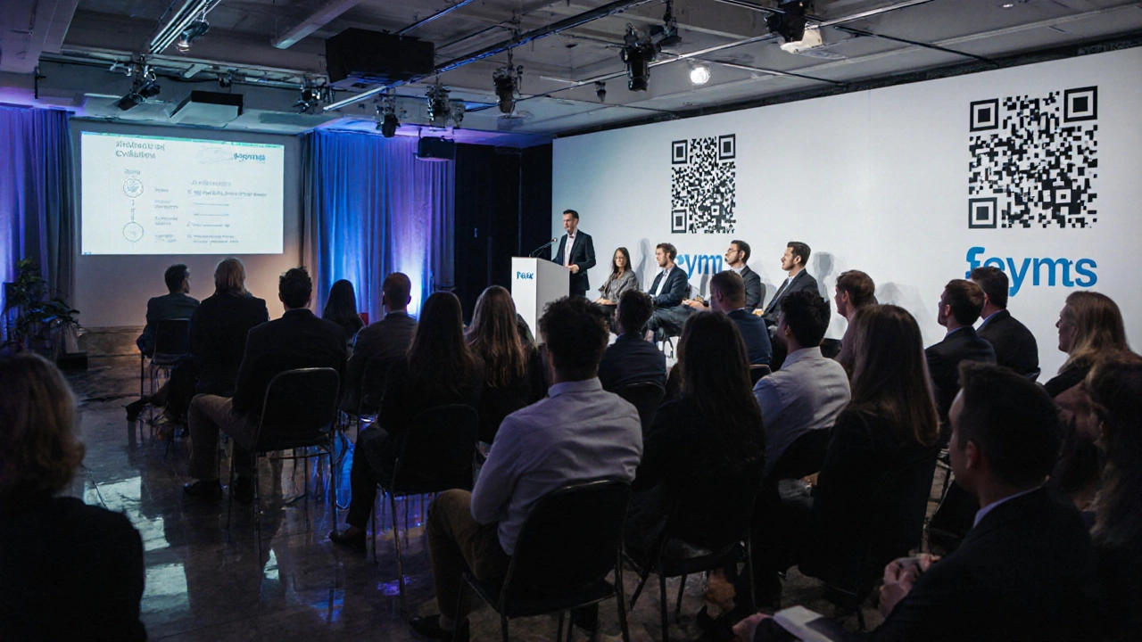 Аудитория участвует в панельной дискуссии на бизнес-мероприятии с интерактивными экранами.