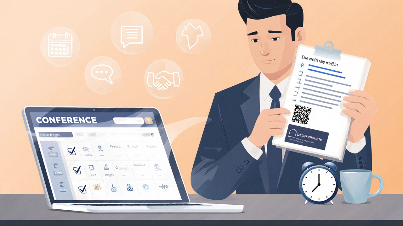 Человек готовится к конференции: программа, QR‑карта и приложение.