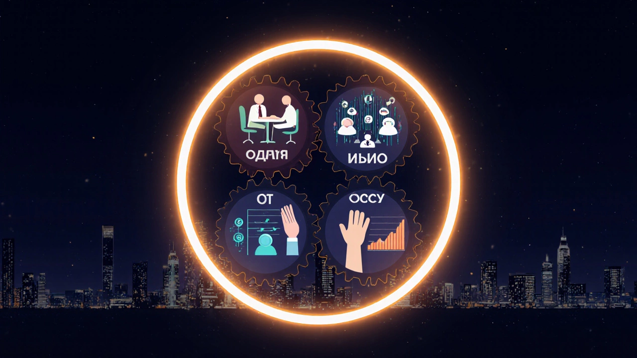 Четыре этапа event-менеджмента как вращающиеся шестерёнки из рук и данных.