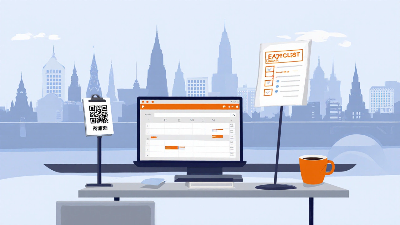 Инфографика: подготовка к выставке в Москве с ноутбуком, QR‑кодом и чек‑листом.