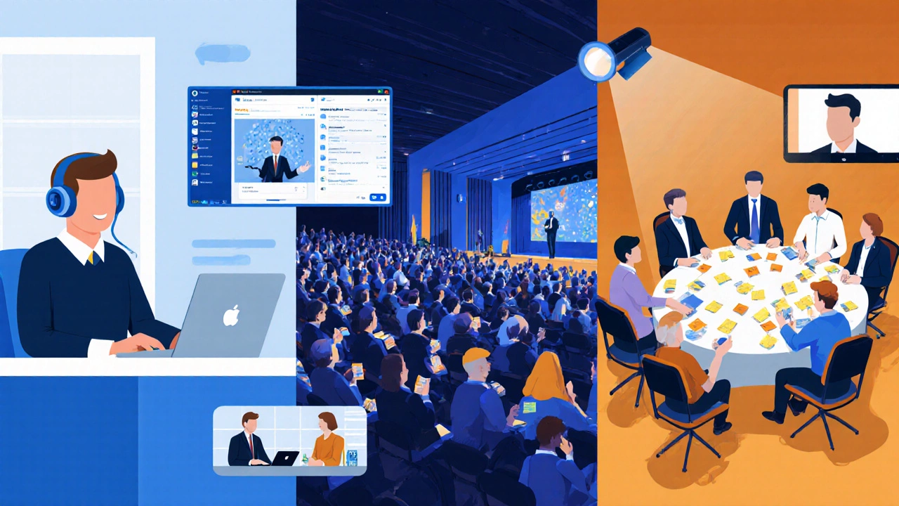 Коллаж, показывающий онлайн‑формат, гибрид, воркшоп, панель, keynote и нетворкинг.