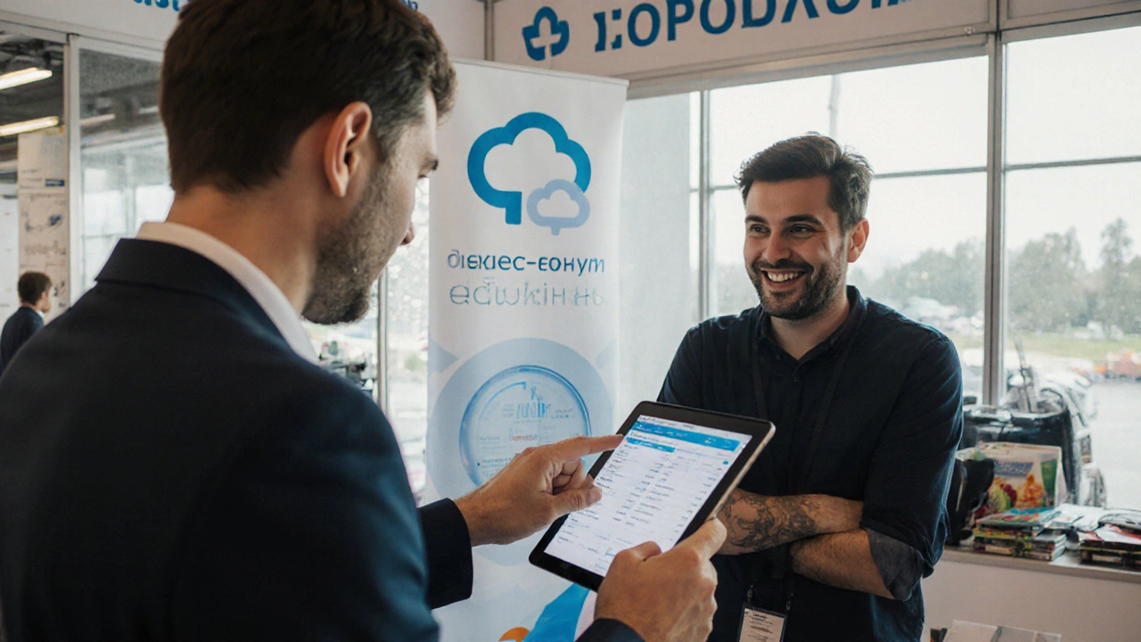 Малый бизнесмен изучает облачную бухгалтерскую систему на стенде, получая объяснение от продавца.