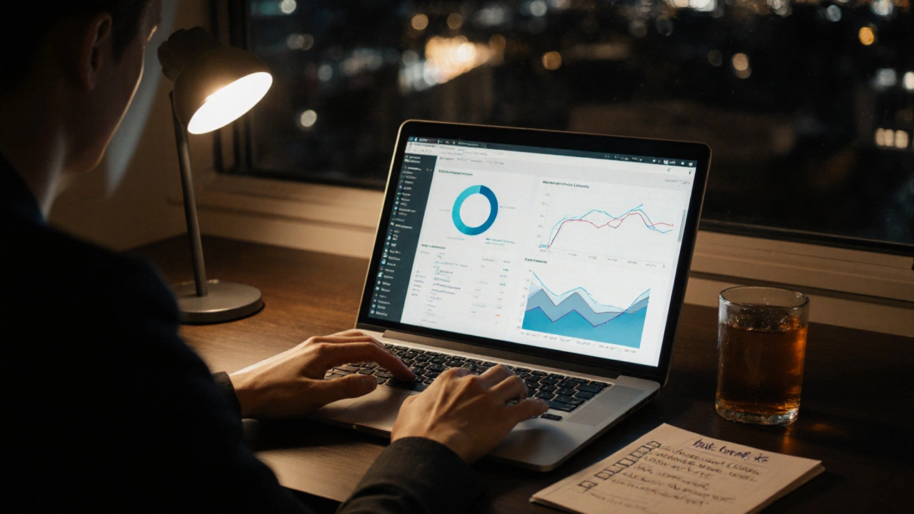 Организатор анализирует данные мероприятия ночью за ноутбуком с отчетами о продажах и ROI.