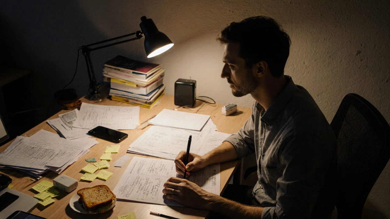 Планировщик мероприятий готовит документы за столом в офисе со стопками бумаг и ноутбуком.