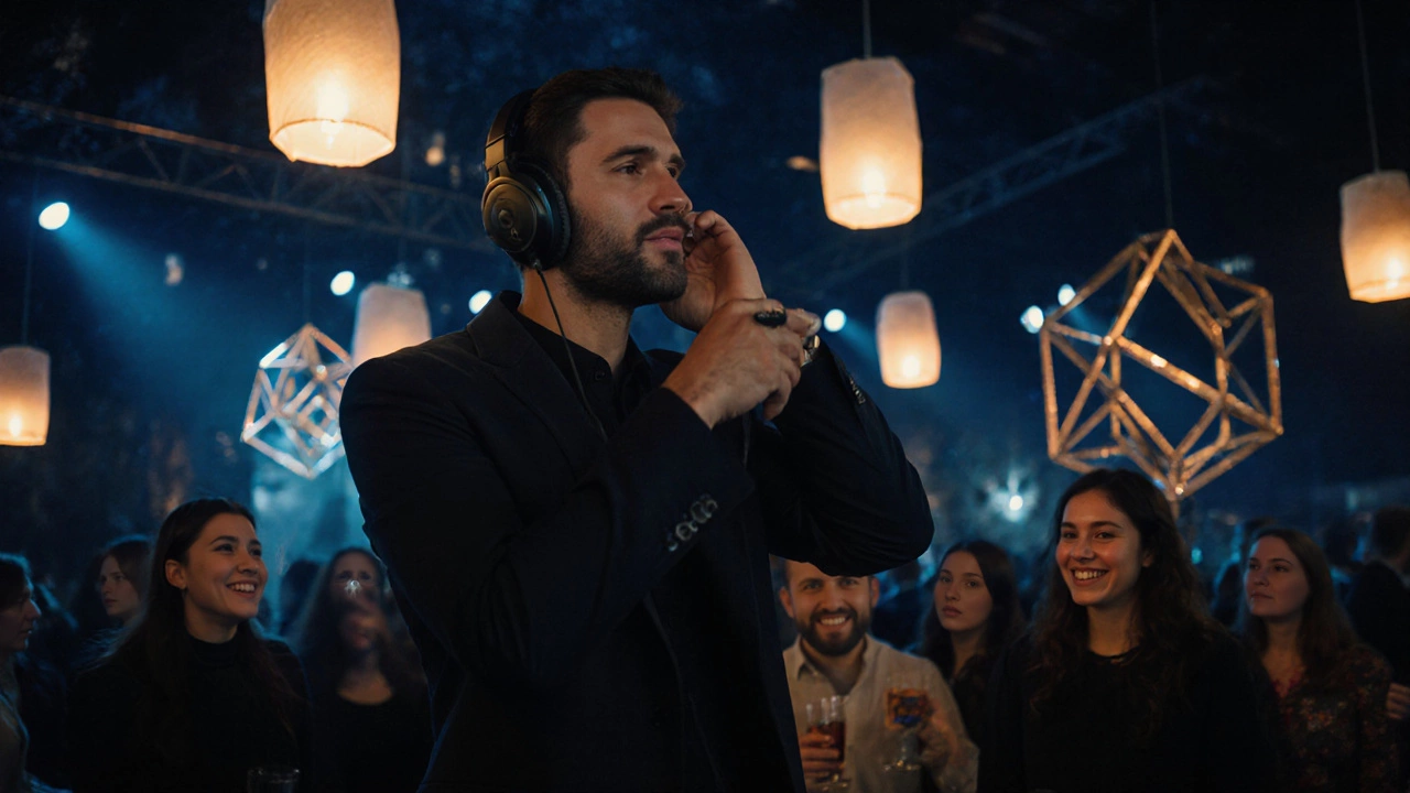 Продюсер событий настраивает освещение в зале перед мероприятием с атмосферными огнями.