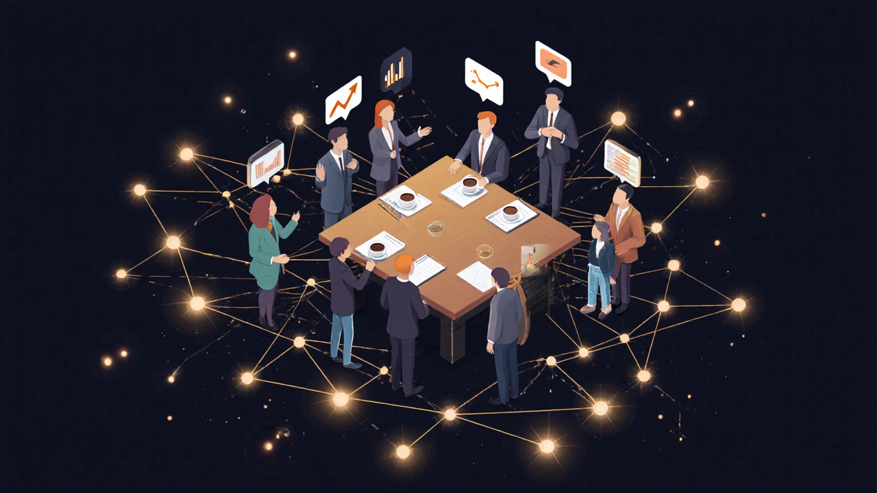 Сеть связей между участниками конференции, символизирующая сообщество и сотрудничество