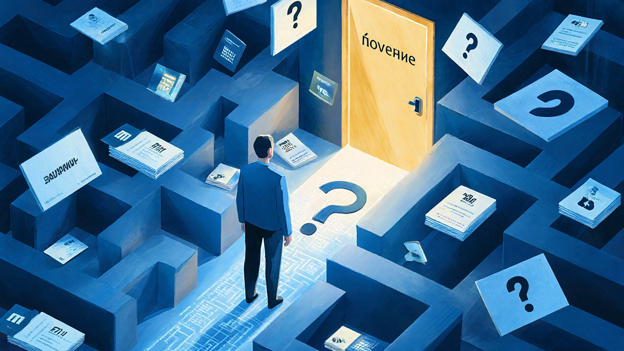 Символическая сцена: человек выбирает путь от хаоса визиток к доверию на выставке.