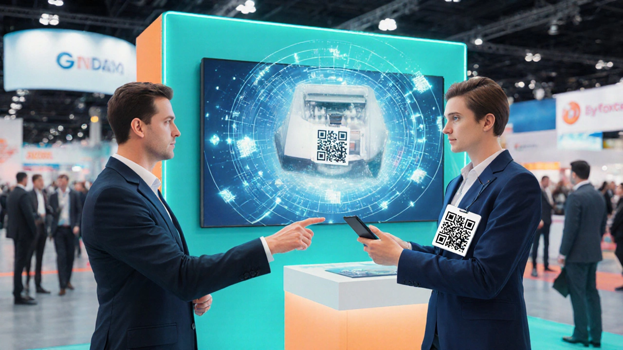 Выставочный стенд с демонстрацией продукта и сканированием QR‑кода.