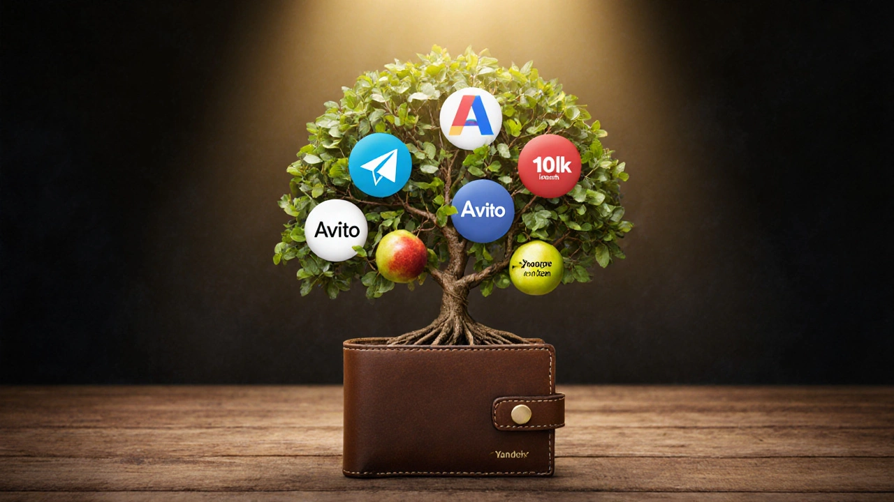 Дерево с корнями из цифровых платформ и плодами, обозначающими рост дохода без вложений.
