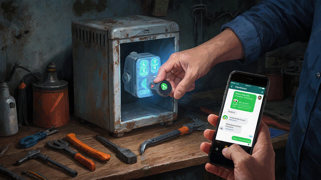 Мастер устанавливает цифровой термостат в старый холодильник в мастерской.