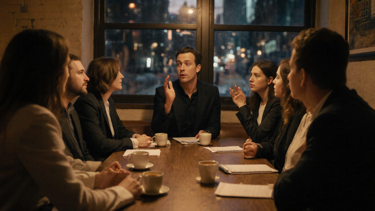 Неформальная вечерняя встреча бизнесменов за кофе в уютном кафе, атмосфера доверия и обмена идеями.