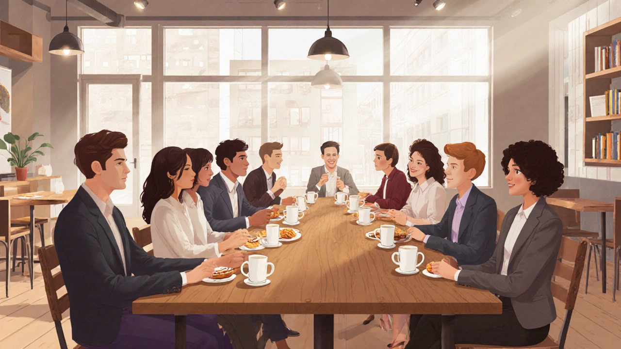 Неформальная встреча предпринимателей за кофе в уютном кафе, без презентаций.