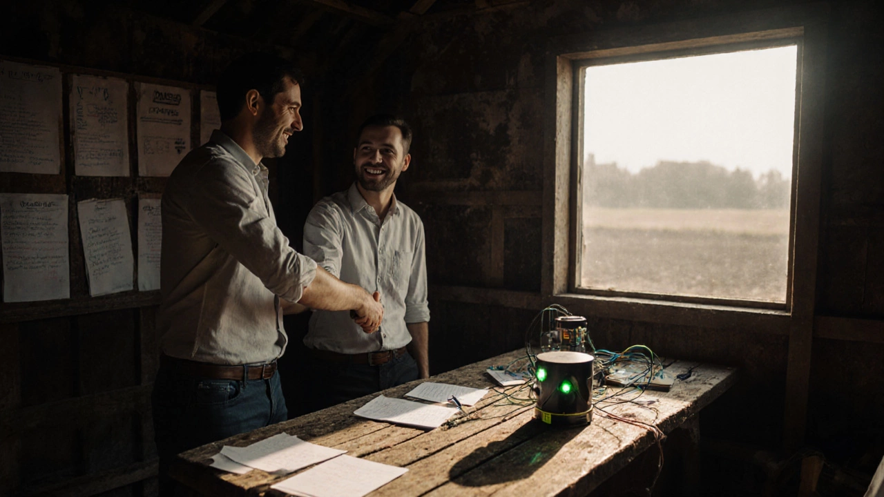 Основатель стартапа заключает сделку с инвестором на региональной выставке.