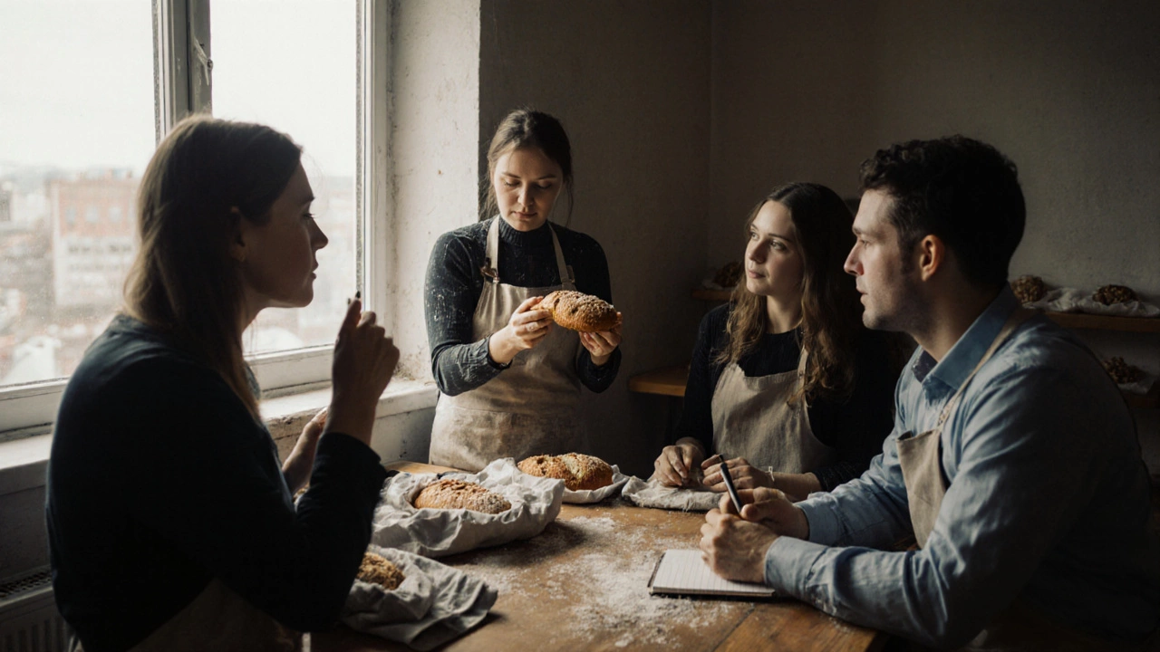 Пекарь раздает хлеб с кедровыми орехами другим предпринимателям на форуме в Омске.