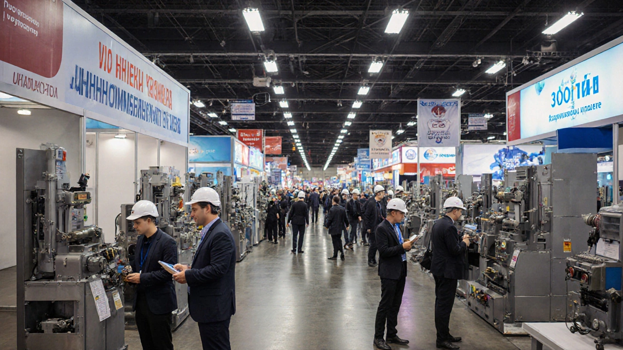 Промышленная выставка в Новосибирске, производители демонстрируют оборудование посетителям.