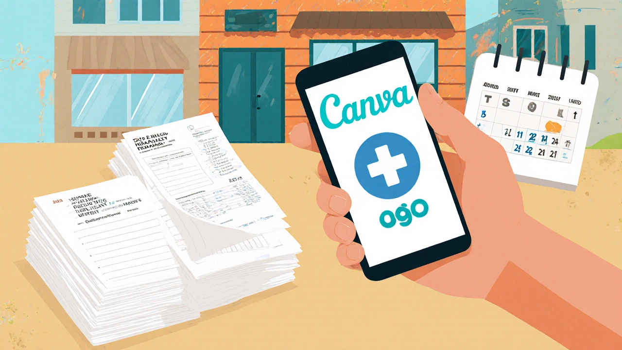 Рука держит телефон с дизайном логотипа для аптеки, рядом — распечатанные чеки и календарь.