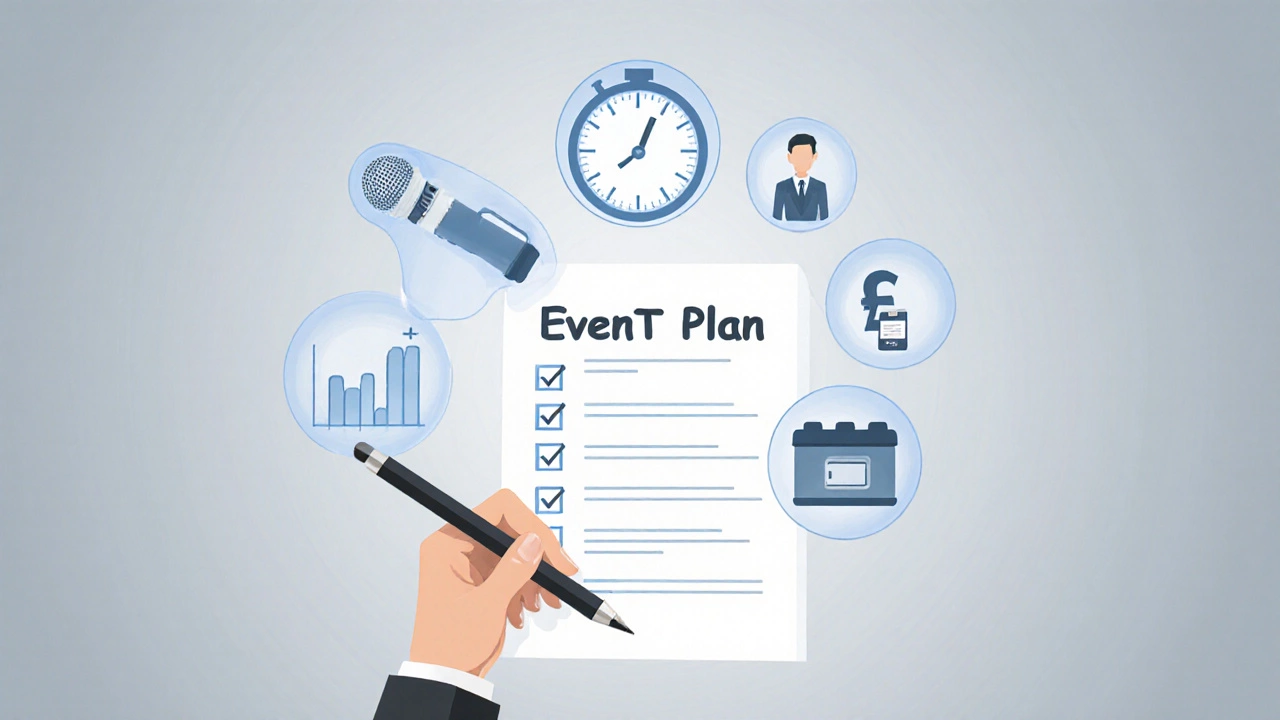 Рука заполняет чек-лист мероприятия с наводящими элементами: микрофон, часы, бюджет, бейдж.