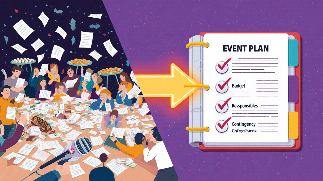 Сравнение хаоса и порядка: слева — беспорядок, справа — четкий план мероприятия.