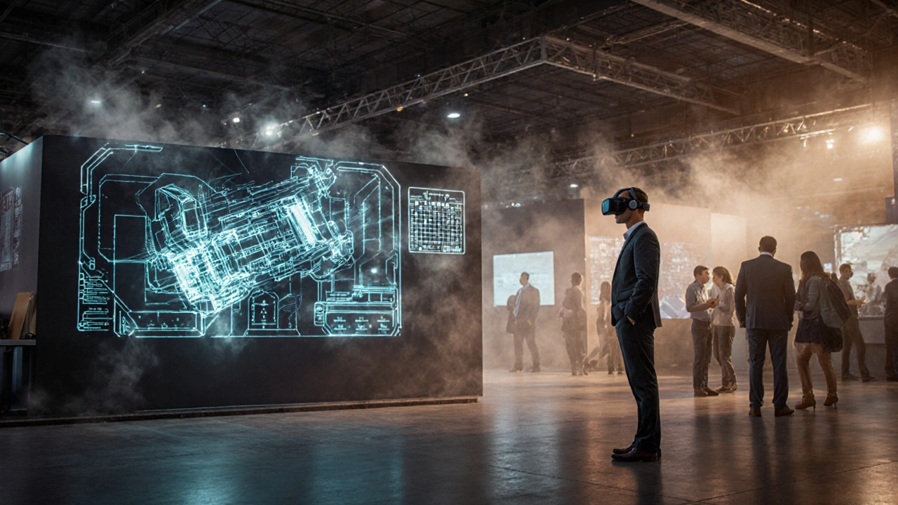 Выставка с физическими стендами и зоной виртуальной реальности, где посетитель пробует управление станком.