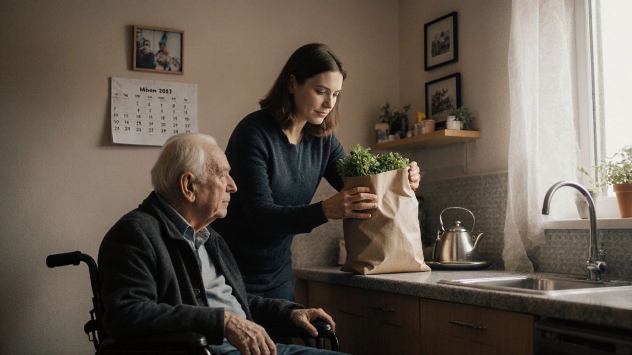 Женщина помогает пожилому мужчине с покупками в его доме.