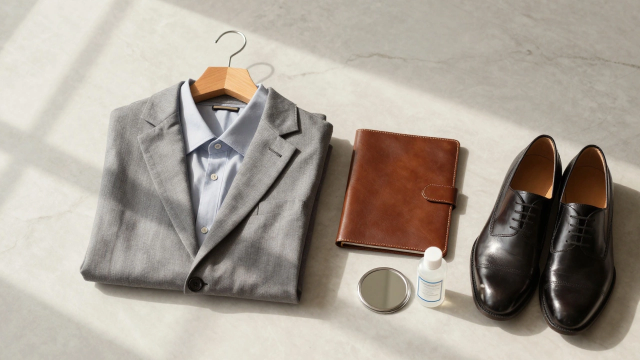 Аккуратно сложенная деловая одежда с аксессуарами на столе