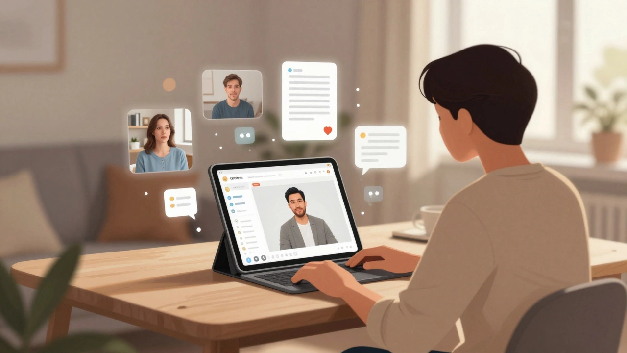 Человек смотрит записанное выступление на планшете в уютной обстановке дома.