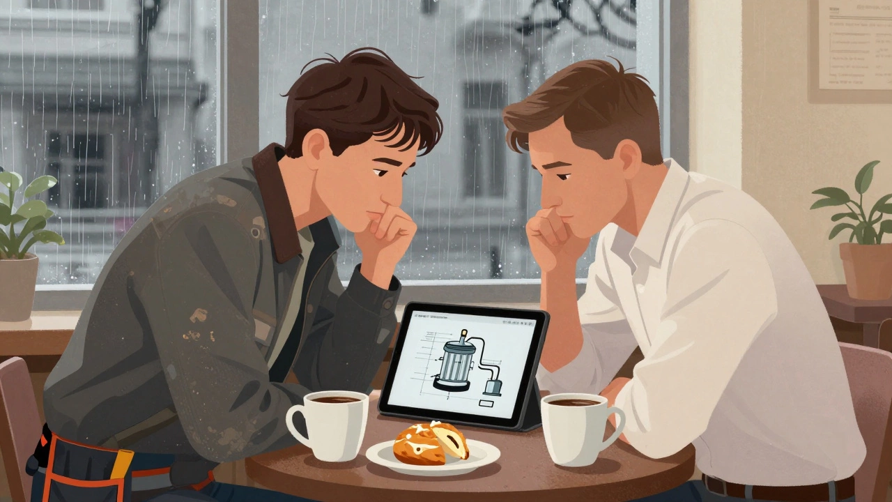 Два бизнесмена разбирают схему ремонта насоса за чашкой кофе после сессии на форуме.