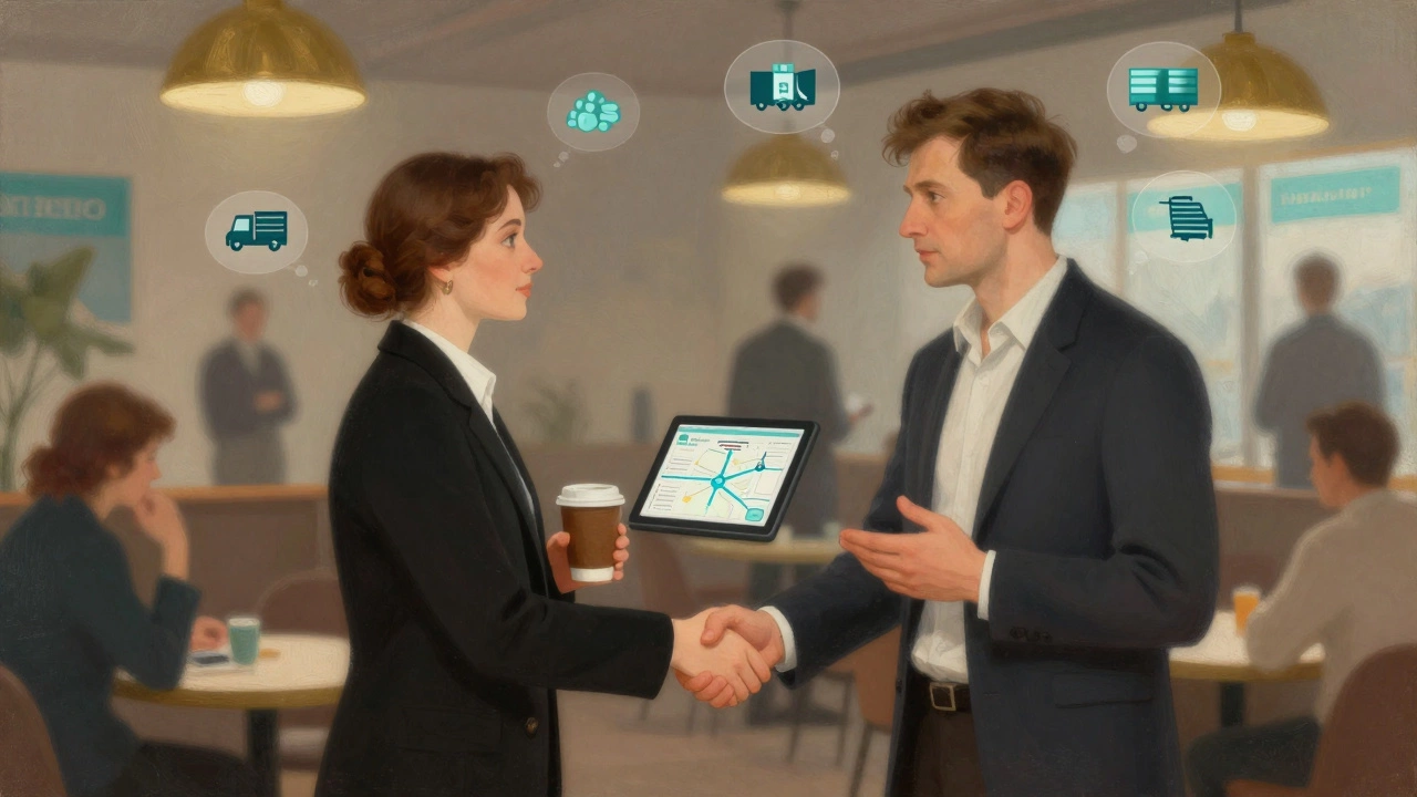 Два предпринимателя обсуждают логистический проект за кофе на выставке.