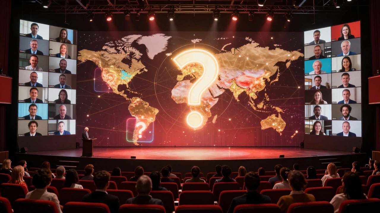 Гибридная конференция: физический зал и цифровые участники сливаются в едином визуальном пространстве.