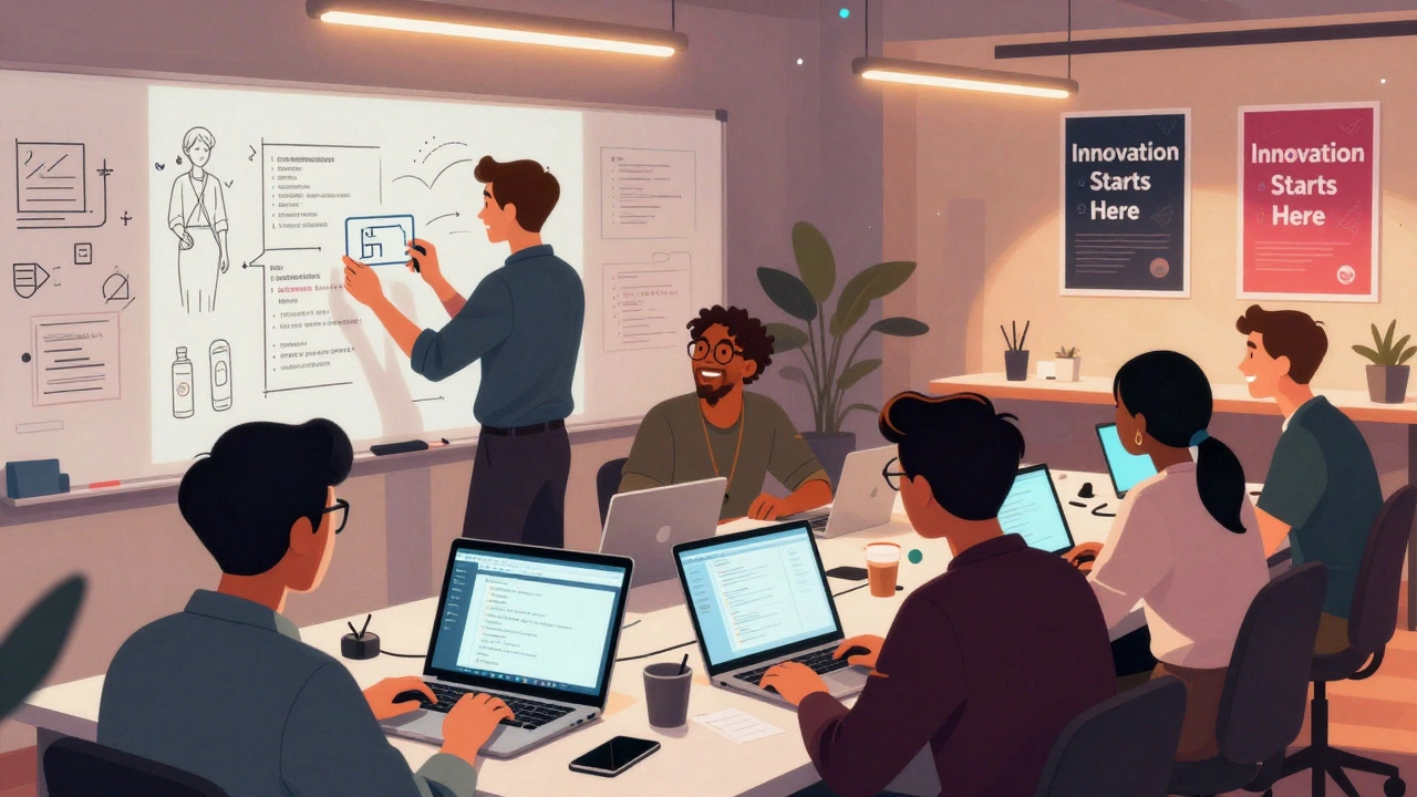 Команда разработчиков на хакатоне, совместная работа у доски с кодом и прототипами.