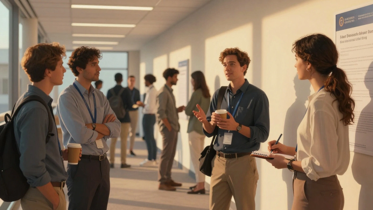 Люди общаются в коридоре конференции, золотой свет, атмосфера живого обмена идеями.