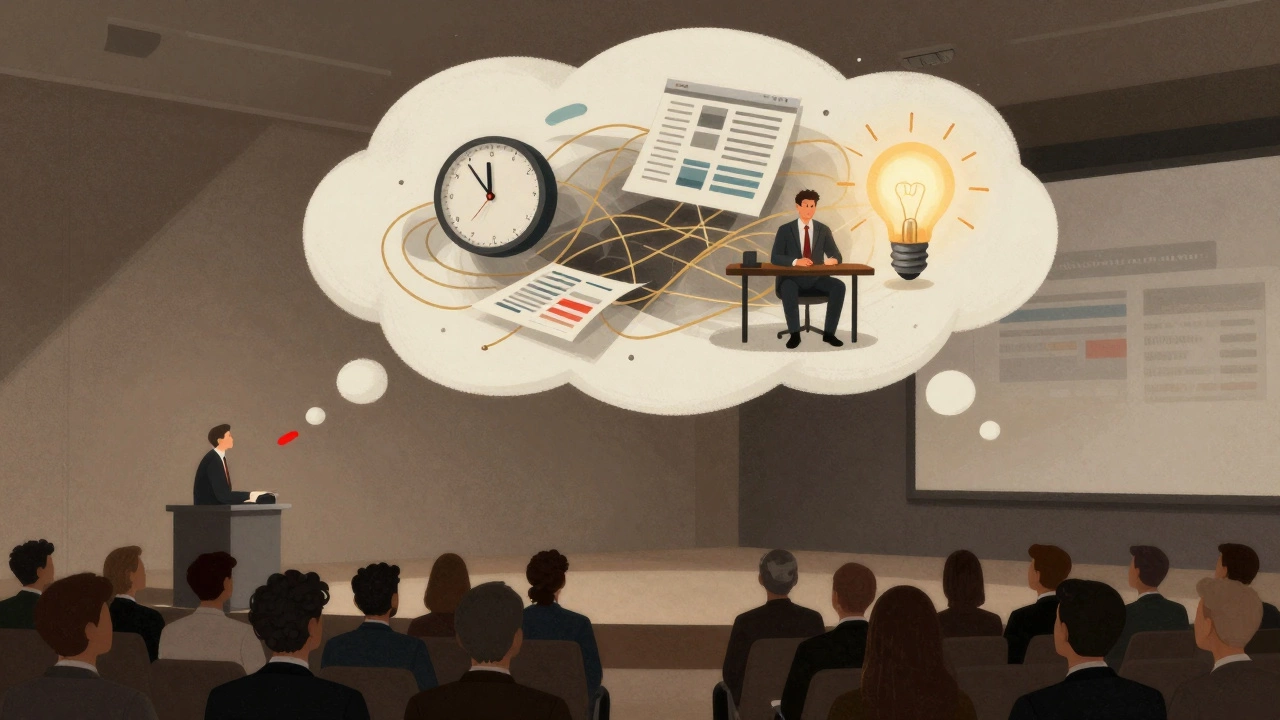 Мысль аудитории в виде пузыря с образами боли и прорыва, ведущих к невидимому спикеру.