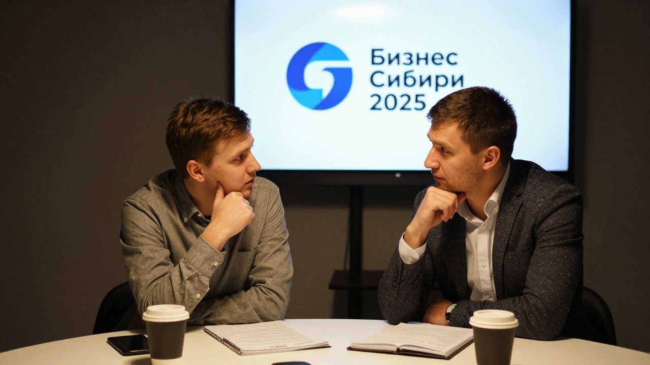 Предприниматель и логист обсуждают сотрудничество за столом на региональном форуме.