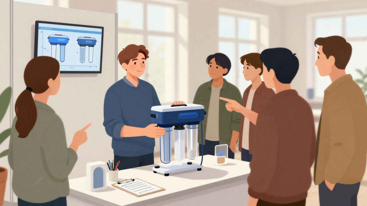 Предприниматель получает обратную связь от клиентов на региональной выставке, исправляя дизайн фильтра на основе их замечаний.