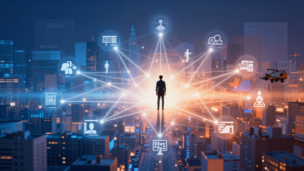 Предприниматель в центре сети контактов, партнерств и инноваций, полученных на выставке.