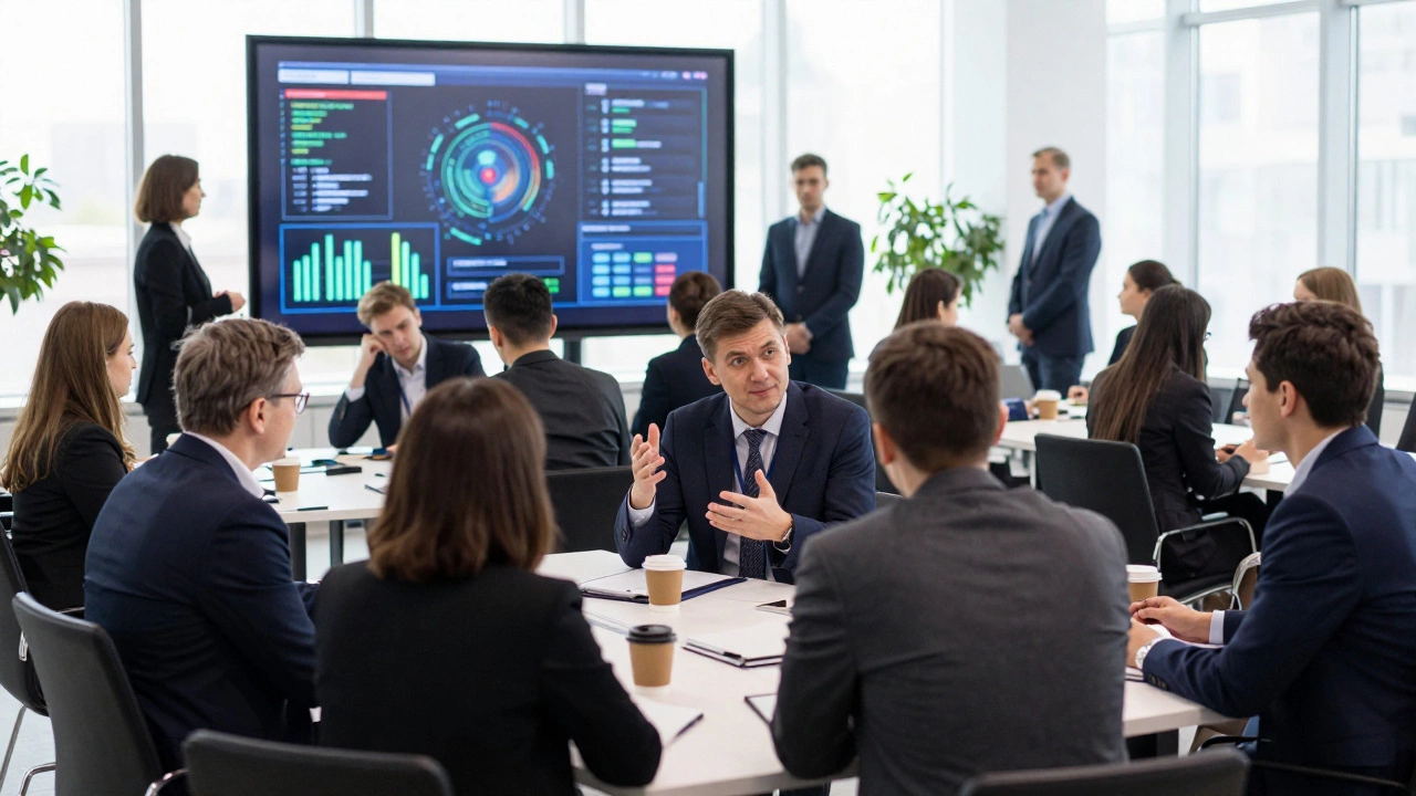 Профессионалы общаются между сессиями на бизнес-конференции в Новосибирске.