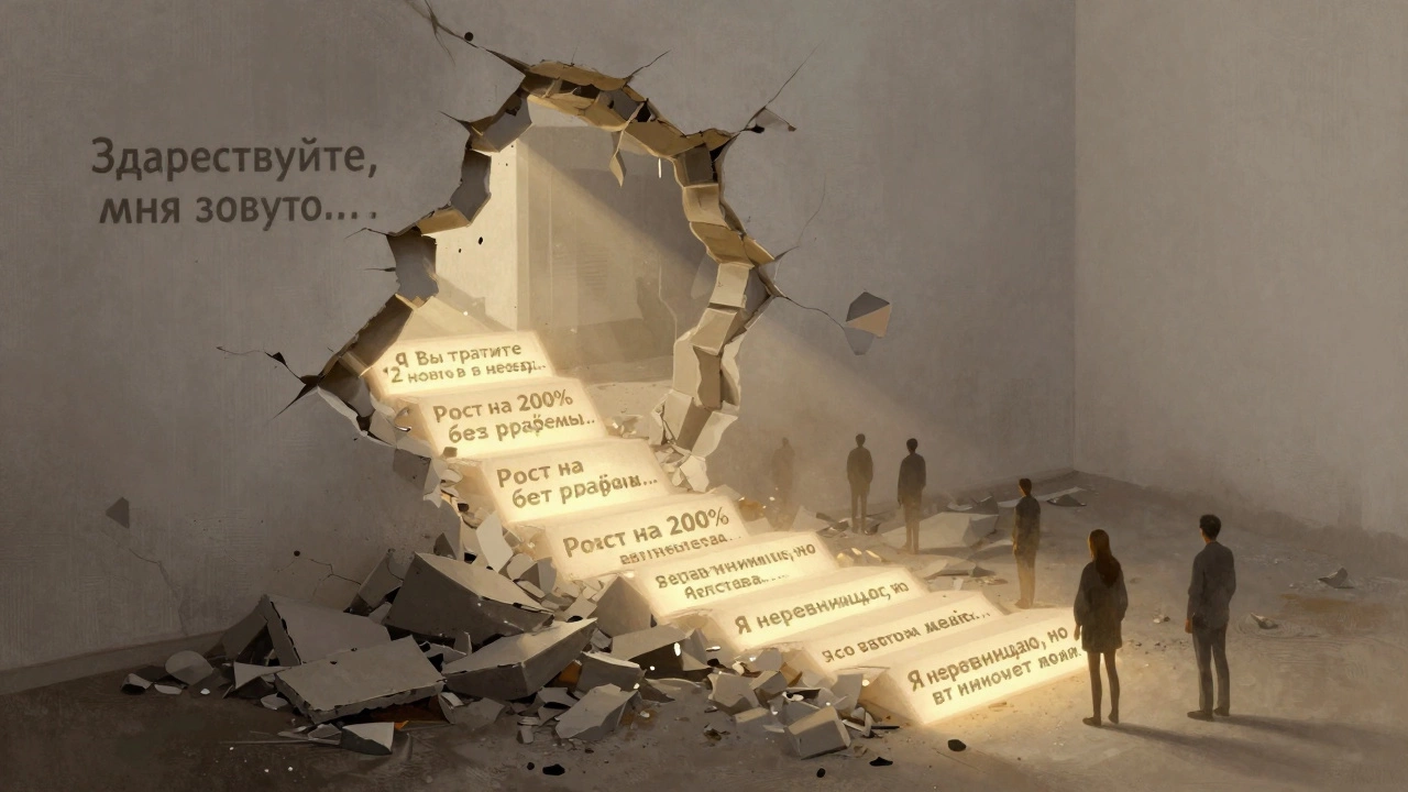 Разрушающаяся фраза 'Здравствуйте, меня зовут...' заменяется светящимися фразами о решении проблем.