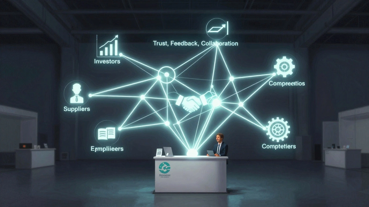 Схема сетевых связей, образовавшихся на выставке: партнеры, поставщики и клиенты, соединенные светящимися линиями вокруг минималистичного стенда.