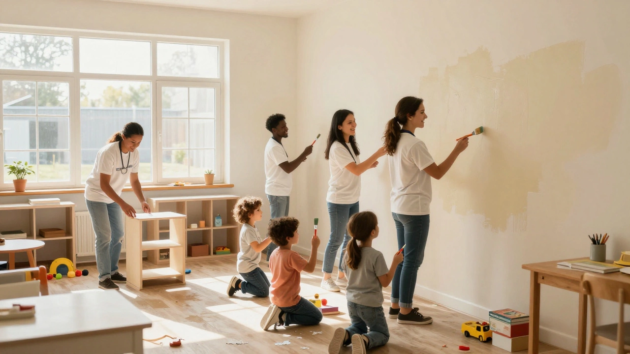 Волонтёры помогают детям красить стены в детском доме, солнечный свет и улыбки.