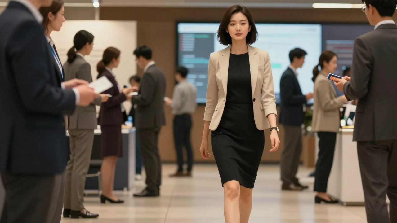 Женщина в черном платье и бежевом жакете на конференции