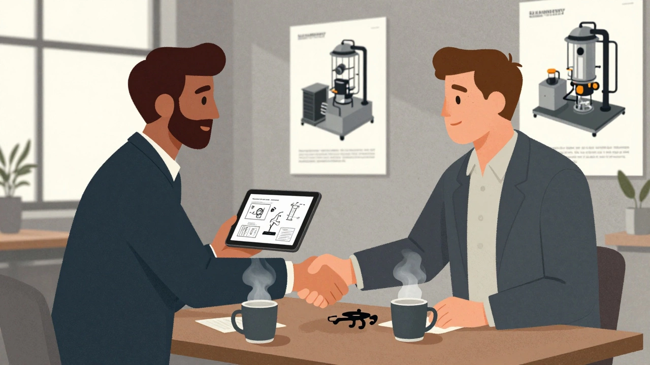 Два предпринимателя обмениваются контактами за кофе на выставке, обсуждая прототип.