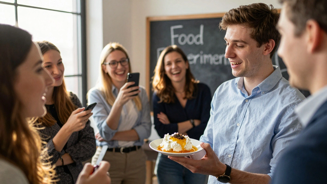 Молодой аналитик демонстрирует необычное блюдо из творога, мёда и чёрного перца на кулинарном эксперименте.