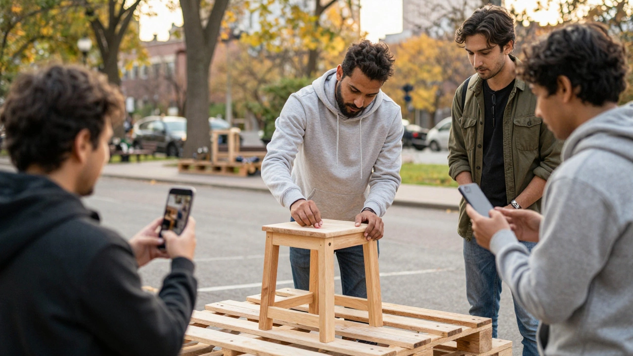 Мужчина собирает табурет из паллет в парке, трое клиентов осматривают изделия.