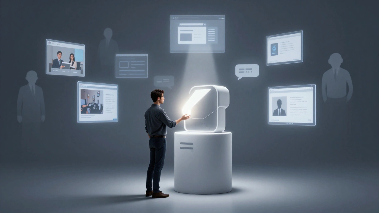 Предприниматель стоит у стенда с реальным продуктом, а цифровые рекламы тускнеют вокруг.