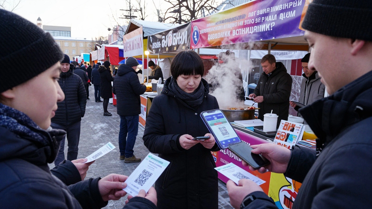 Предприниматели на ярмарке обмениваются QR-кодами для присоединения к региональному форуму.