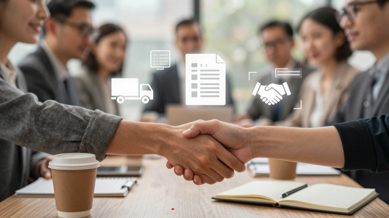 Руки пожимают друг другу, между ними — визуализация бизнес-связей и советов.