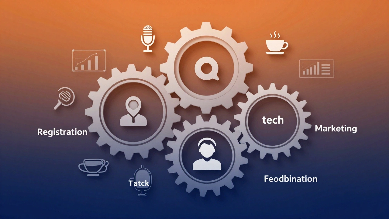 Система шестерёнок, символизирующая все этапы организации бизнес-мероприятия.