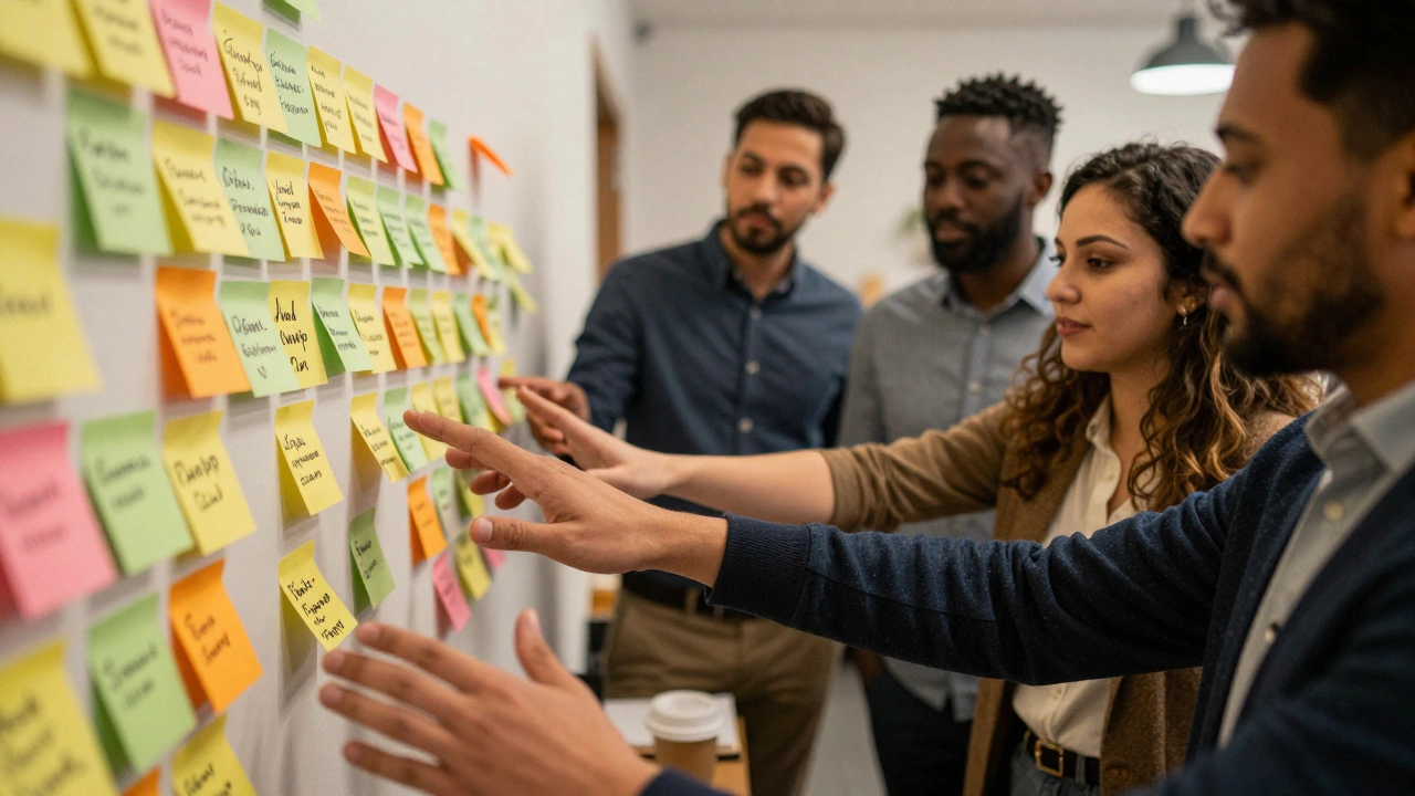 Стена с цветными стикерами, на которых участники написали свои бизнес-проблемы, люди обсуждают их вместе.