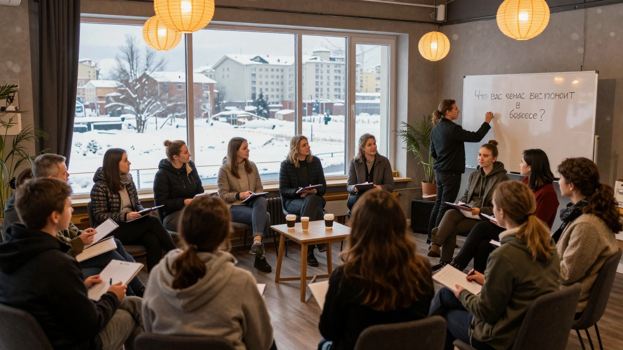Участники мини-воркшопа в кругу обсуждают бизнес-вызовы