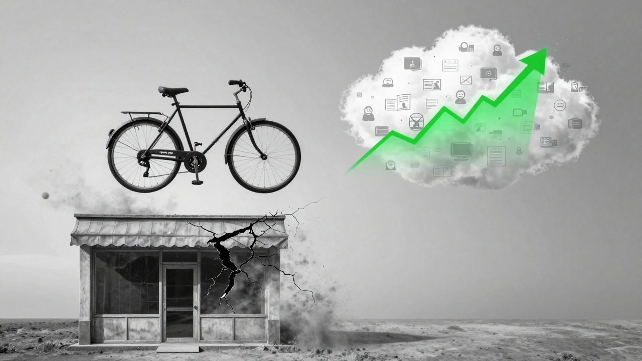 Велосипед без rider, педали крутятся, а старый магазин исчезает, уступая место цифровой прибыли.